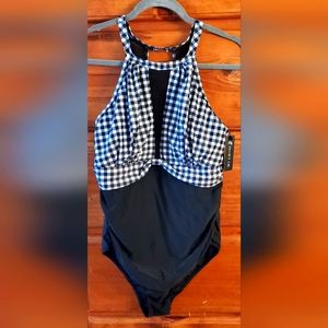 Women's high neck mesh , black and white checkered one piece swimsuit. Size XL